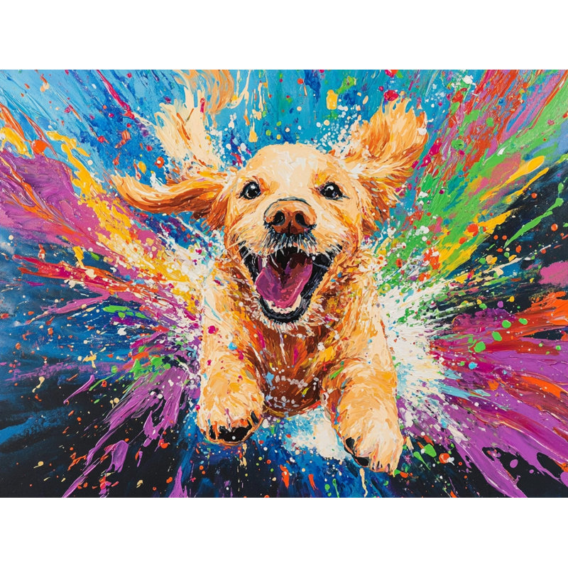 Color Dive - Splashing Pup in Rainbow, art mural, H 36 po x l 48 po