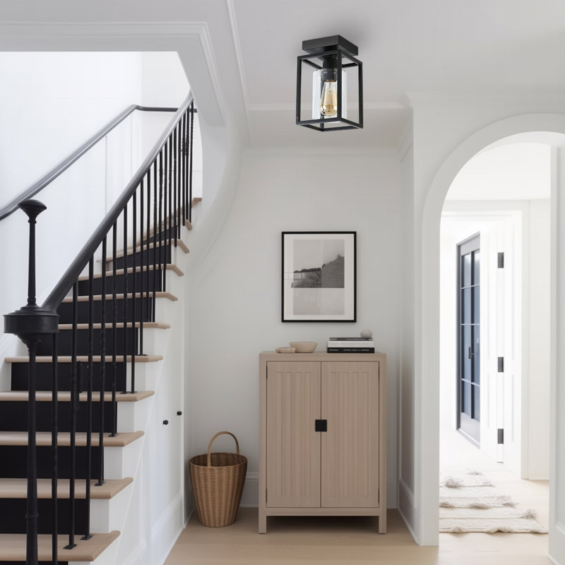 1-Light Square Flush Mount With Clear Glass Shade, Matte Black