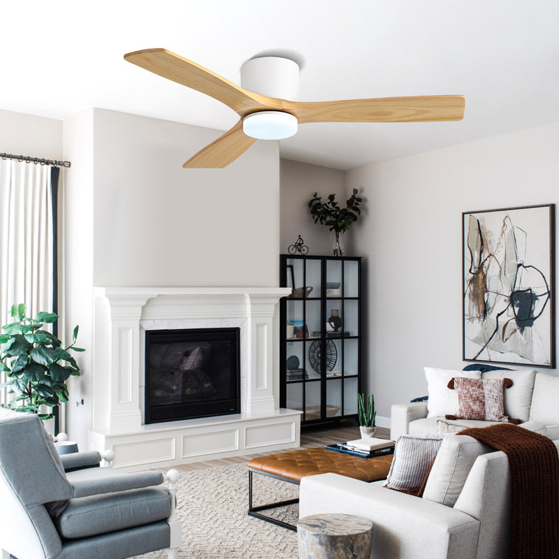 48'' Flush Mount Ceiling Fan 3 Carved Solid Wood Blades 6-Speed Noiseless Reversible DC Motor Indoor With Dimmable Light Kit And Remote, Wood Grain and White