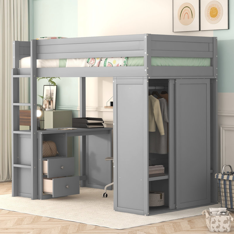 Lit mezzanine avec bureau intégré et garde-robe, Grey, Simple