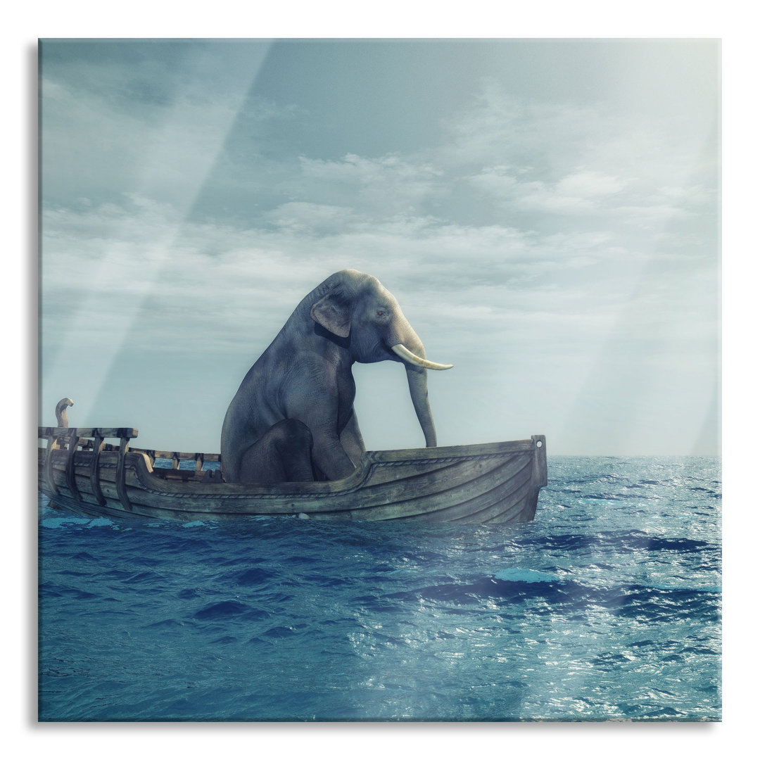 Glasbild Quadratisch | Wandbild Auf Echtglas | Lustig Sitzender Elefant Im Boot | Aufhängung Und Abstandshalter LQ9749