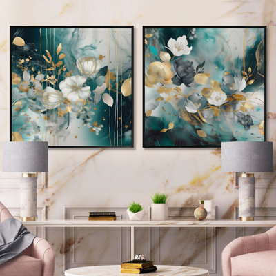 Ensemble de 2 fleurs dorées en marbre bleues - collage carré floral