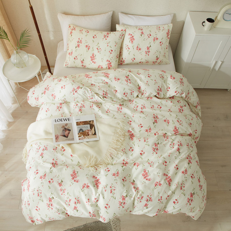  Ensemble de housse de couette en coton floral, Housse de couette pour grand lit et 2 taies décor, Floral jaune clair