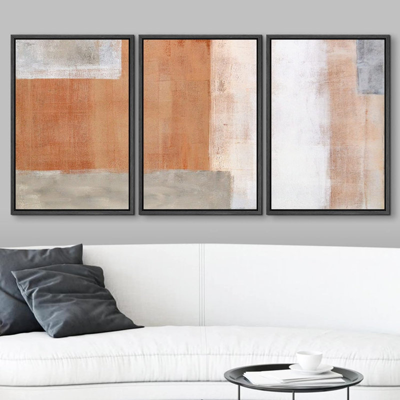 «Brown and Grey Geometric Color Blocks Abstract Shapes Chic Ultra on Canvas», reproduction de 3 pièces, Cadre flottant noir