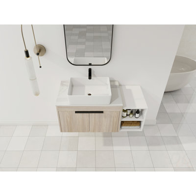 Meuble-lavabo moderne 42 po avec lavabo d'art en céramique, dalle de pierre plate blanche et petites tablettes de rangement, porte à fermeture douce, ensemble KD
