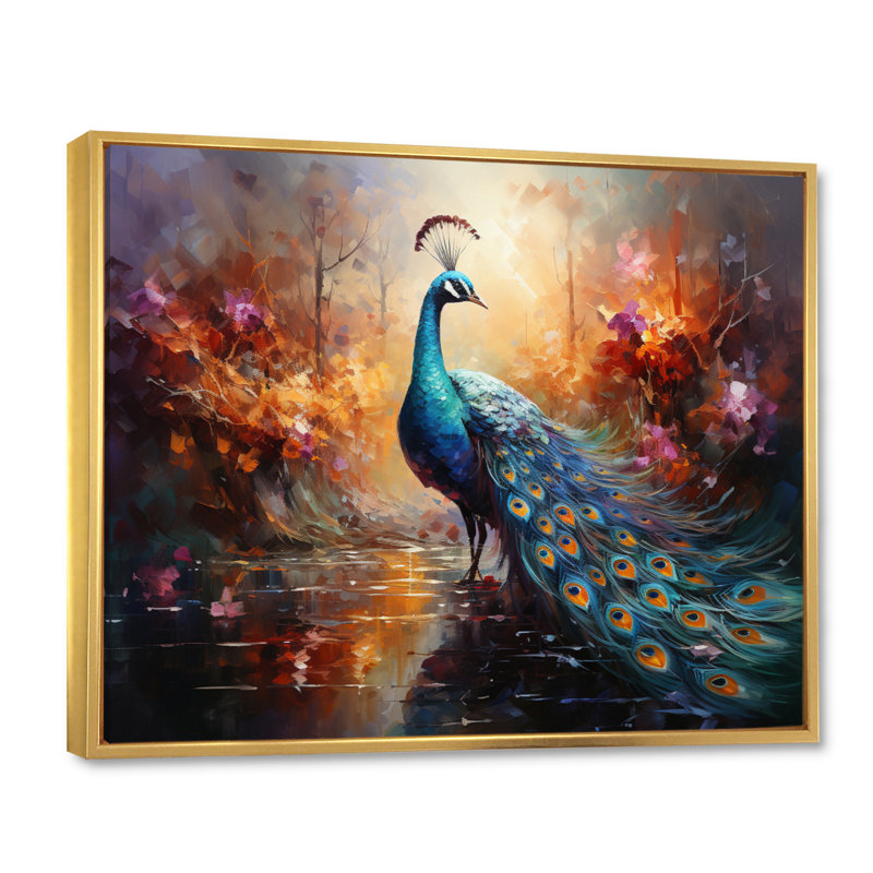 «Peacock Expressionist Portrait II», art mural sur toile paon, H 24 po x l 32 po x P 1 po, Cadre flottant doré