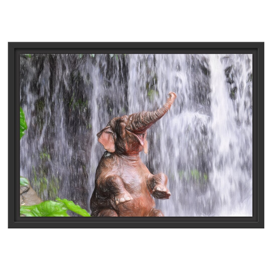 Gerahmter Grafikdruck Baby Elephant at a Waterfall