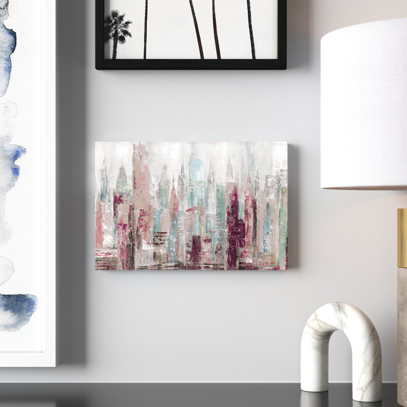 " Pink Abstract Cityscape " Painting Print, 8" H x 12" W  , No, Black Framed Canvas