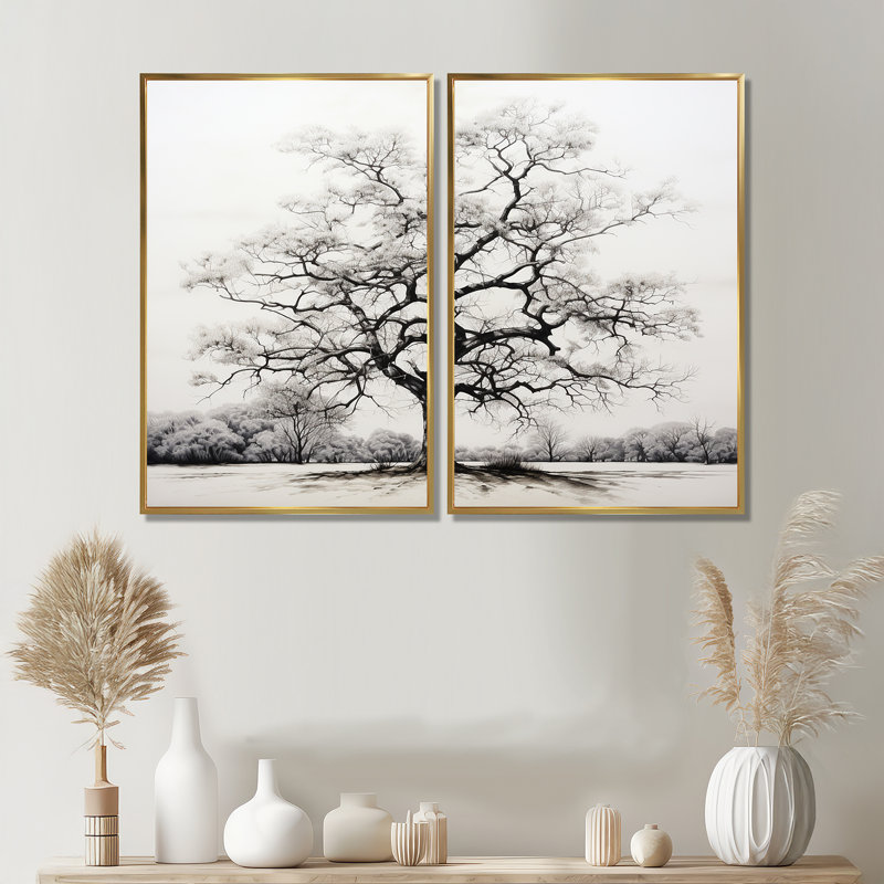 Éléments contrastants monochromes gris II - art mural monochrome à arbre floral, H 36 po x l 48 po, Doré