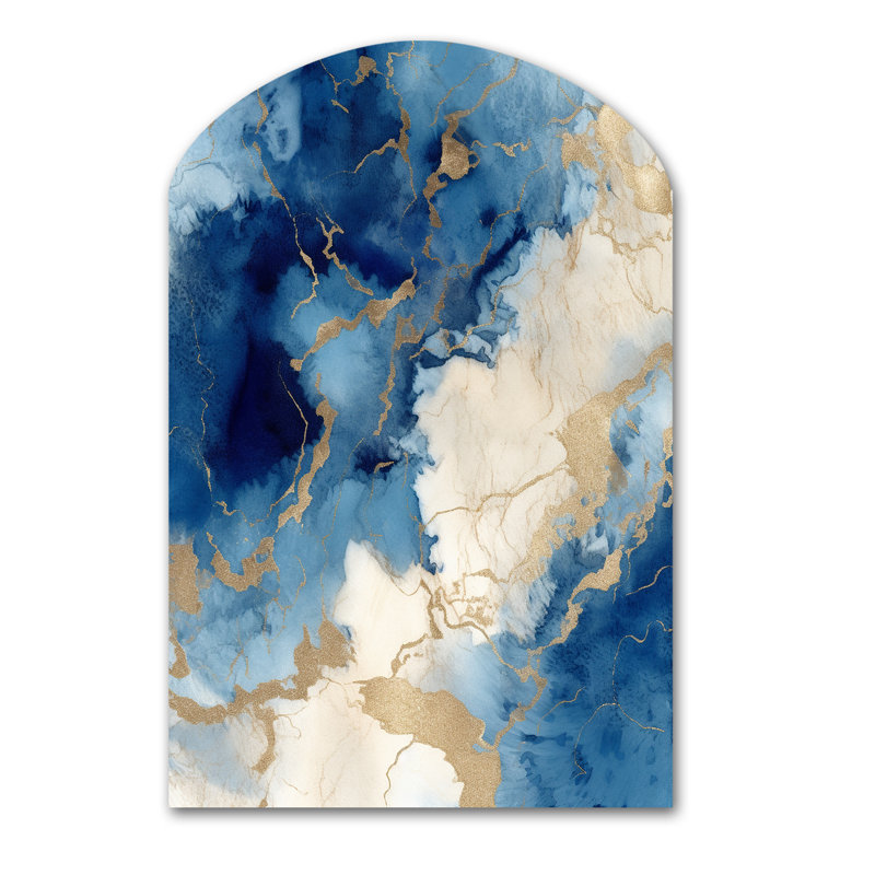 «Blue and Gold Marble Clouds X - Arch Fractals», art mural en métal, reproduction de sculpture murale asymétrique en métal