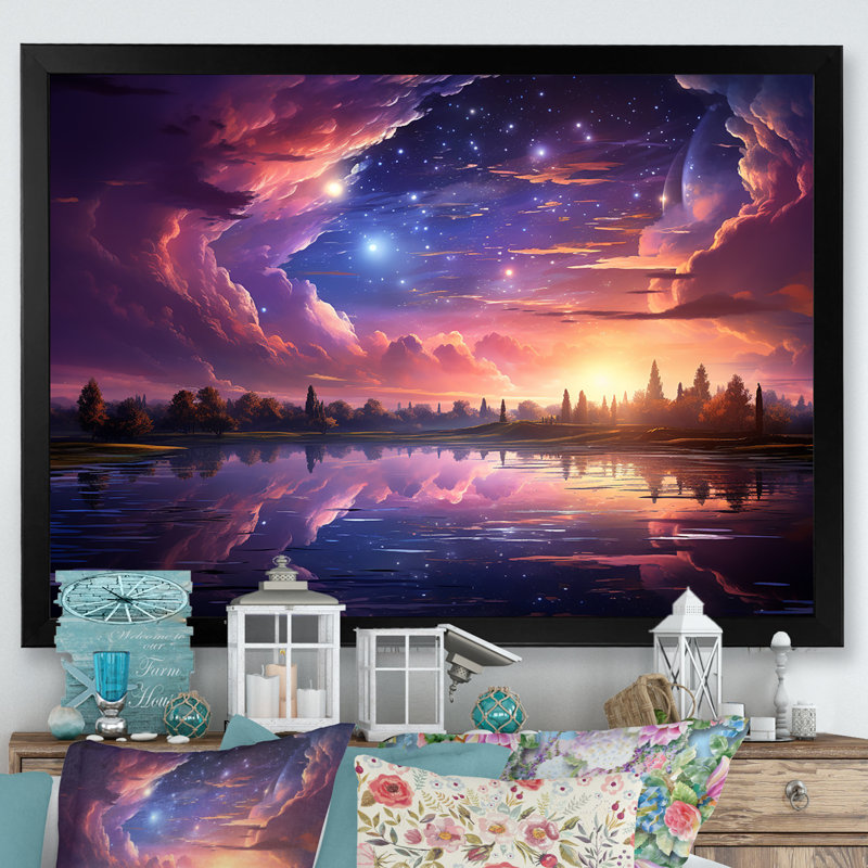 «Pink Moon Sunrise Space Landscape II», art mural abstrait, Cadre d'angle fermé noir, H 30 po x l 40 po x P 1,5 po