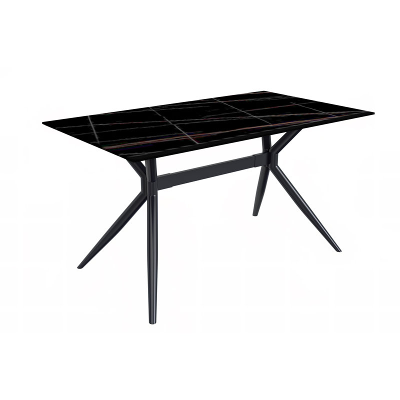 Table de salle à manger moderne Senath avec plateau en pierre frittée et base en acier inoxydable, Noir / or, 55 pouces