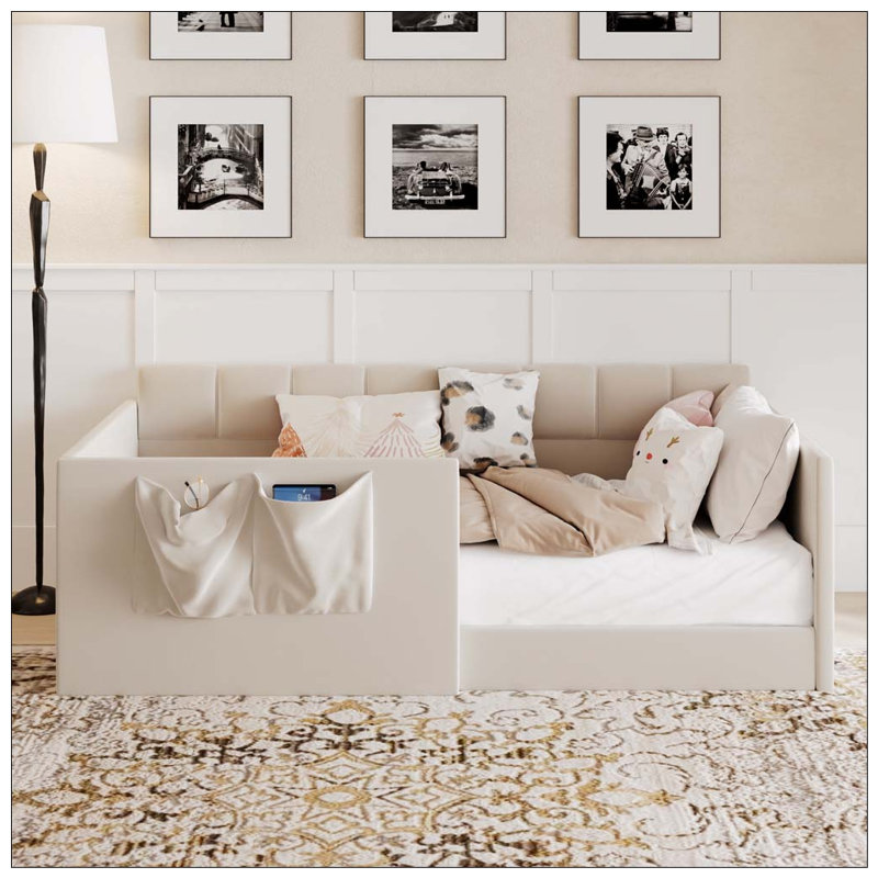 Canapé-lit en velours avec panneaux latéraux hauts et entrée latérale Day Bed, Twin, Beige