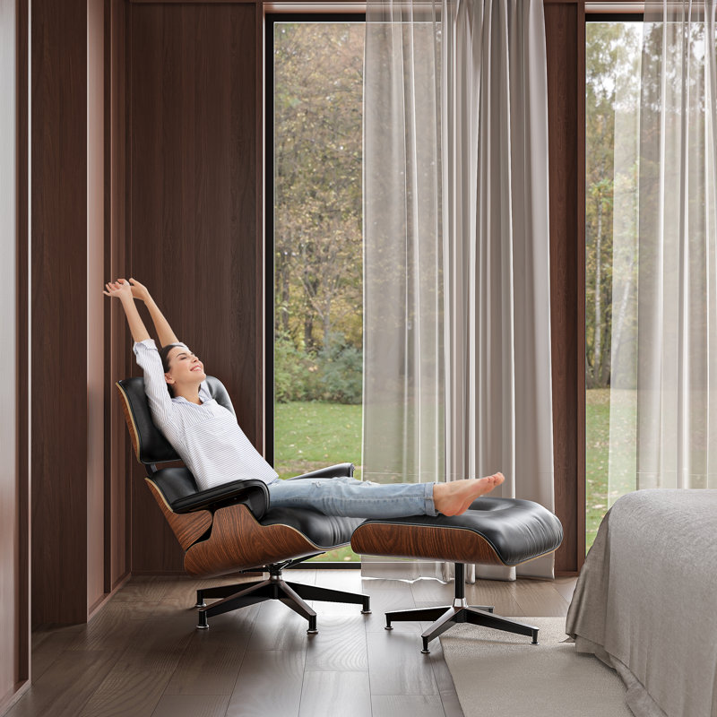 Fauteuil inclinable Mid-Century en cuir véritable avec repose-pieds en bois massif