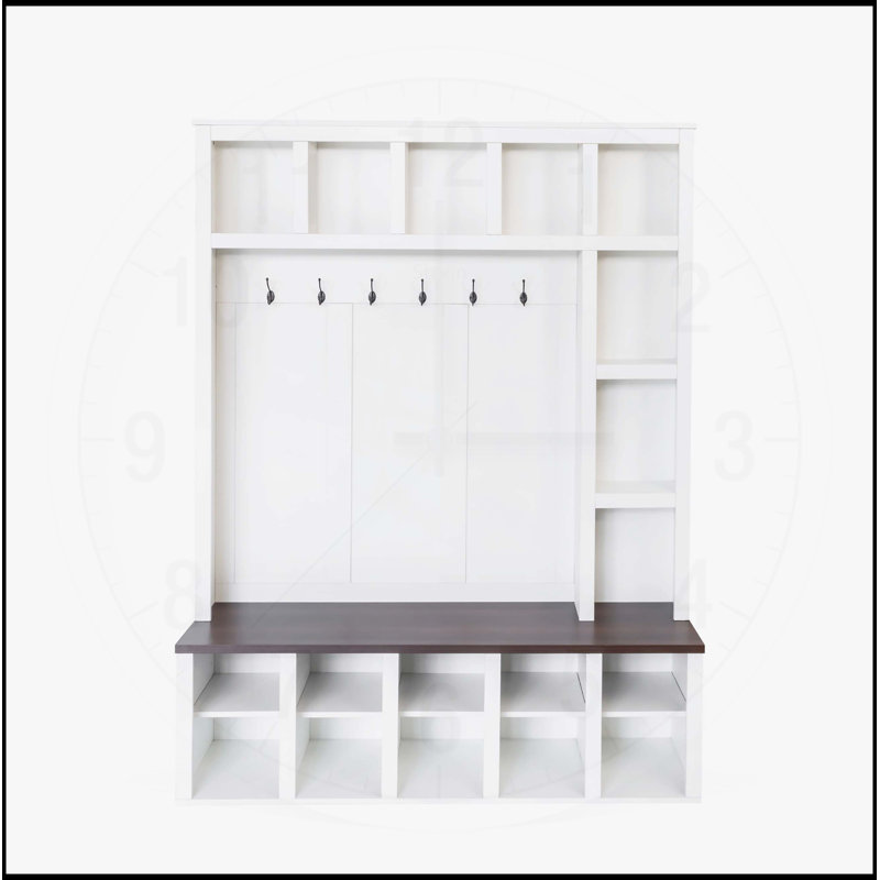 Farmhouse Wooden Style Hall Tree with 6 Hooks, Practical Walnut Storage Bench, and 13 Cubbies for Entryway Organization