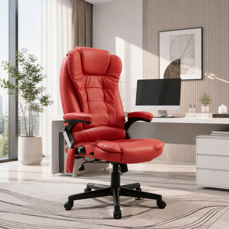 Chaise de bureau inclinable chauffante avec 6 points de vibration, Simili cuir, Rouge, Rouge