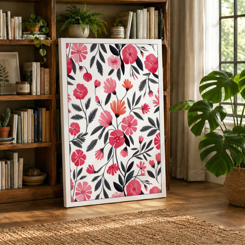 Pink Blooms Pattern Botanical - Wrapped Canvas, 18x12 - 45.7 x 30.5 cm, Black Border