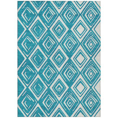 3' X 5' Teal Blue And Ivory Geometric Washable Indoor Outdoor Area Rug