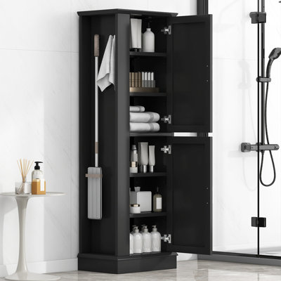 Grande armoire de rangement pour salle de bain, armoire de rangement autoportante avec crochet et tablette réglable, panneau de fibres à densité moyenne, noir
