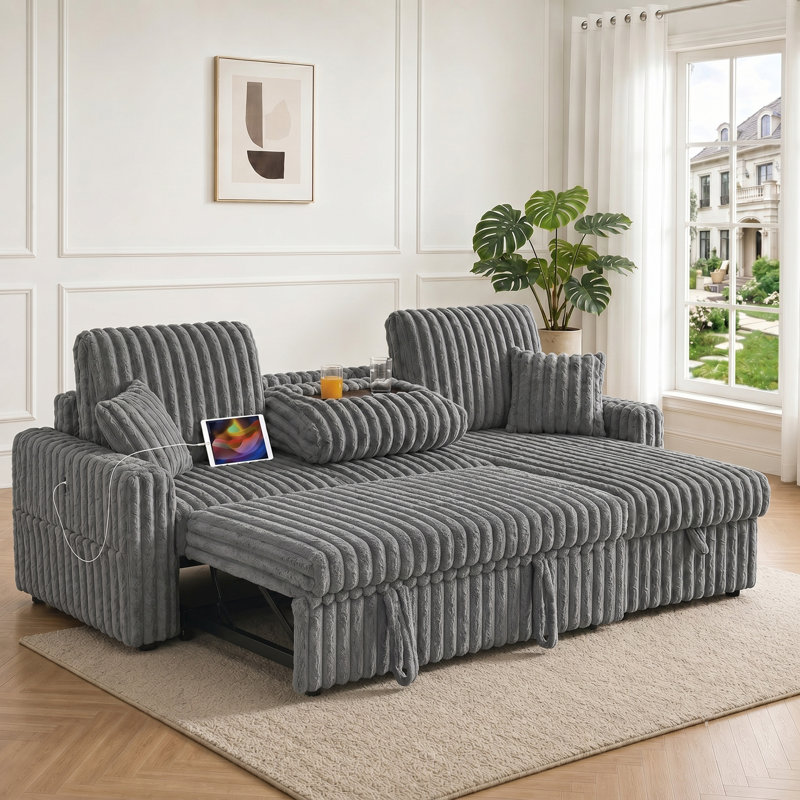 81" Reversible Sleeper Sofa Bed with Storage Chaise, 3-in-1 L-shaped Pull-out Couch Featuring Charging Station, Cup Holder & Side Pocket, Plush Corduroy Upholstery, for Living Room, Apartment
