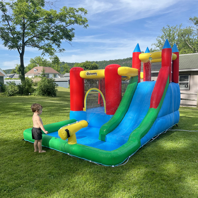Outsunny Kids Bouncy Castle w/ Slide Water Pool Climbing Wall & Trampoline