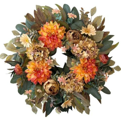 Couronne d'automne de 61 cm pour porte d'entrée, dahlias, hortensias et pivoines, décoration de table | Couronne d'automne à base de brindilles avec boîte de rangement pour une réutilisation annuelle, cadeau saisonnier idéal pour l'Action de grâce, à l'intérieur comme à l'extérieur sous abri