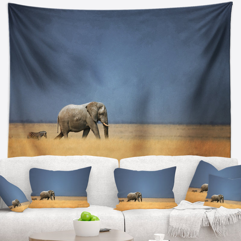 Tapisserie éléphant et zèbre de marche africain, H 50 po x l 60 po