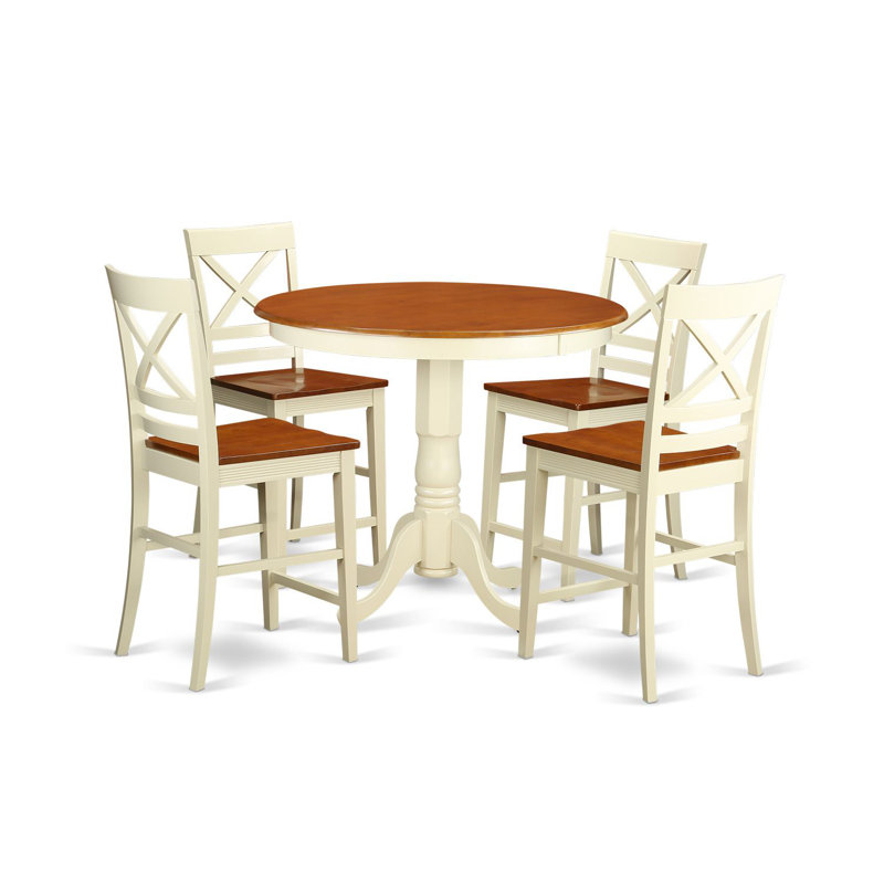 5 Piece Counter Height Dining Set Includes a Round Kitchen Table with Pedestal and 4 Dining Room Chairs, Buttermilk & Cherry