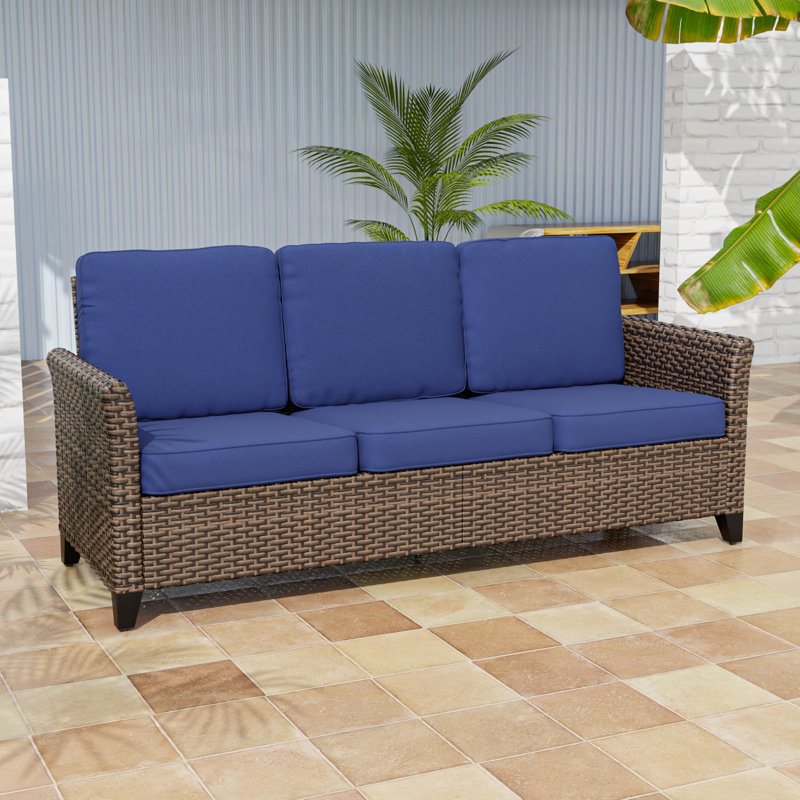 74.8? Wide Patio Outdoor All-Weather Wicker 3-Seat Sofa With Olefin Cushions, Blue