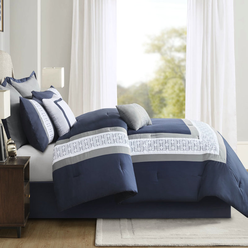 Édredon grand bleu marine - édredon brodé rembourré de literie 8 pièces, taies décoratives, coussins décoratifs Euro 2 Design élégant pour chambre à coucher Broderie lavable à la machine avec style hôtel et décoration facile à coordonner