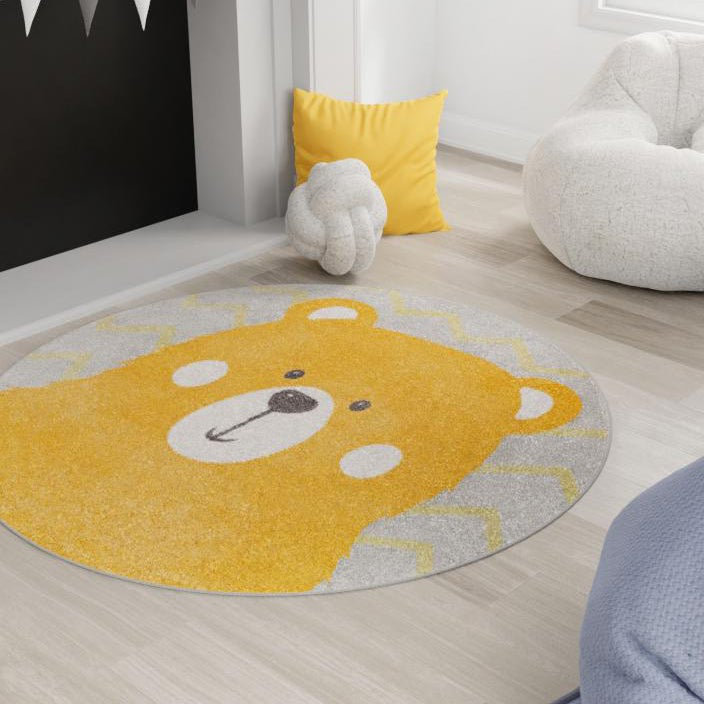 Whimsy Kids Round Power Loom Polypropylene Plastic Rug, Round 5'3", Gray/Yellow