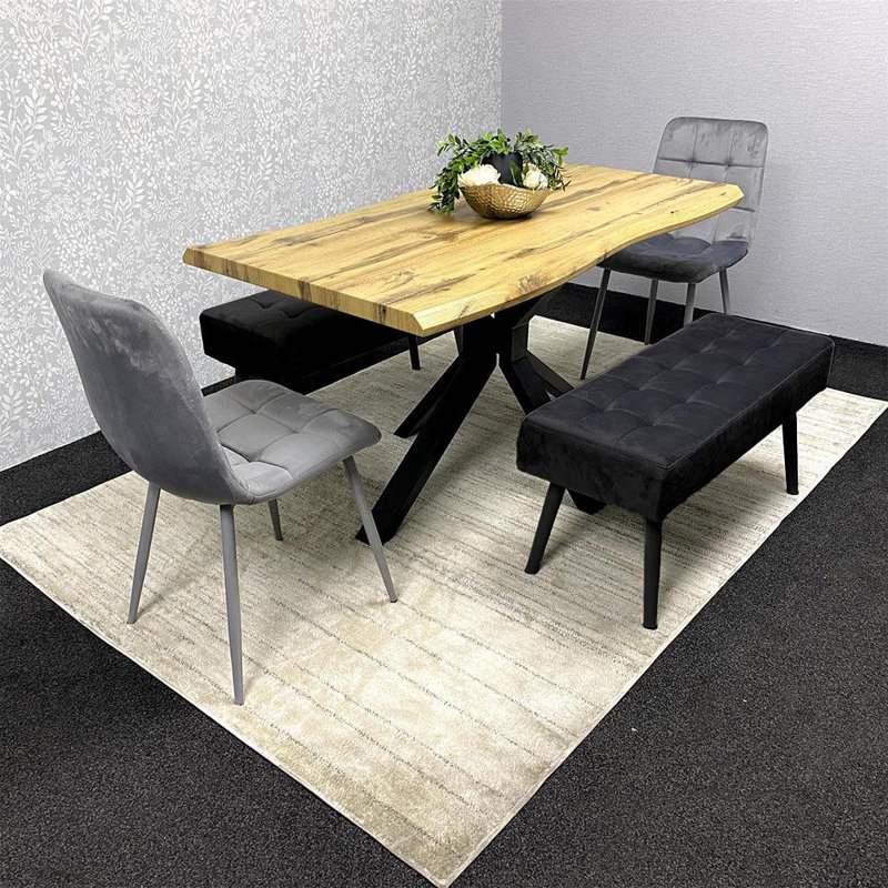 MDF Dining Set with Velvet Chairs & Tufted Velvet Bench, 75"H x 117"L x 80"W, Grey