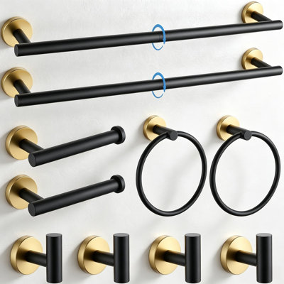 Ensemble de 10 accessoires de salle de bain noirs et dorés : porte-serviettes, anneau porte-serviettes, crochet et porte-papier hygiénique en acier inoxydable ; fixation murale antirouille pour salles de bain modernes.