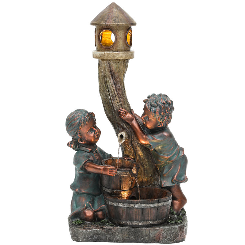 Statue d'extérieur 30,7 "en résine de polyrésine à DEL pour garçon et fille