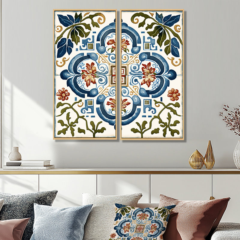 Carreaux de la Méditerranée en bleu rétro I - art mural bleu, H 40 po x l 40 po, Crème, crème, Impression encadrée flottante
