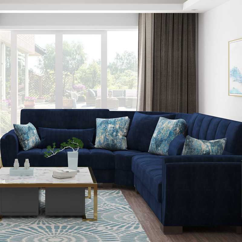Oliveras Reversible L-Shaped Sleeper Sofa Sectional w/ Storage Seats for Living Room, Blue Microfiber, Black/White