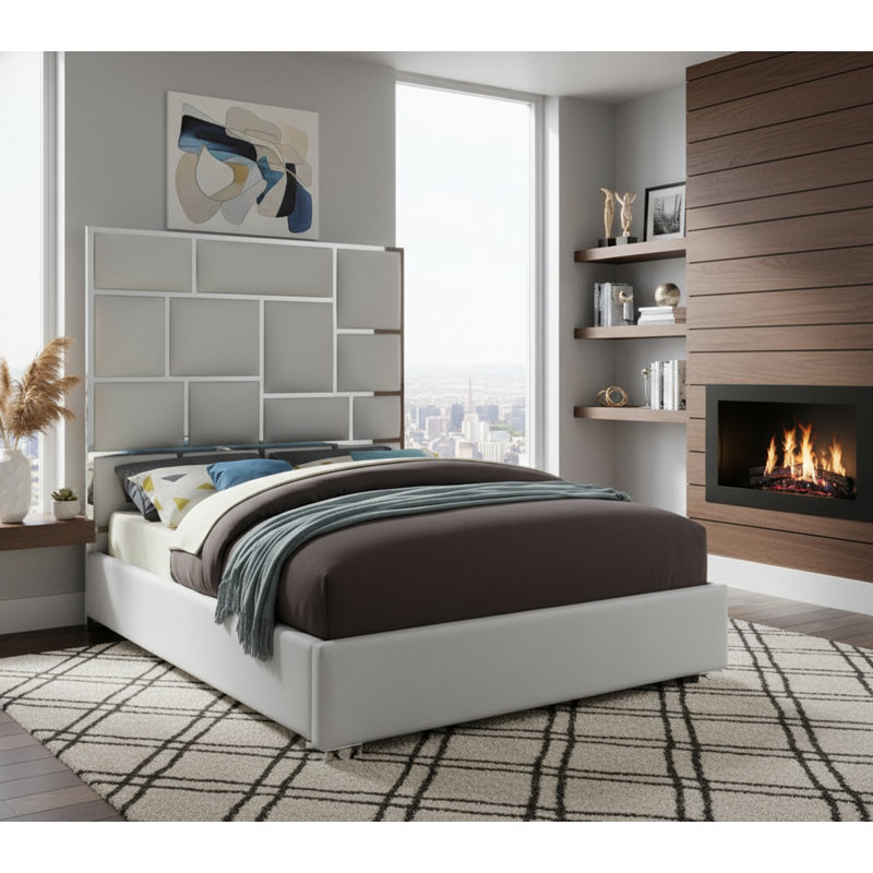 Uthyr Upholstered Panel Bed, Queen, White Vegan Leather