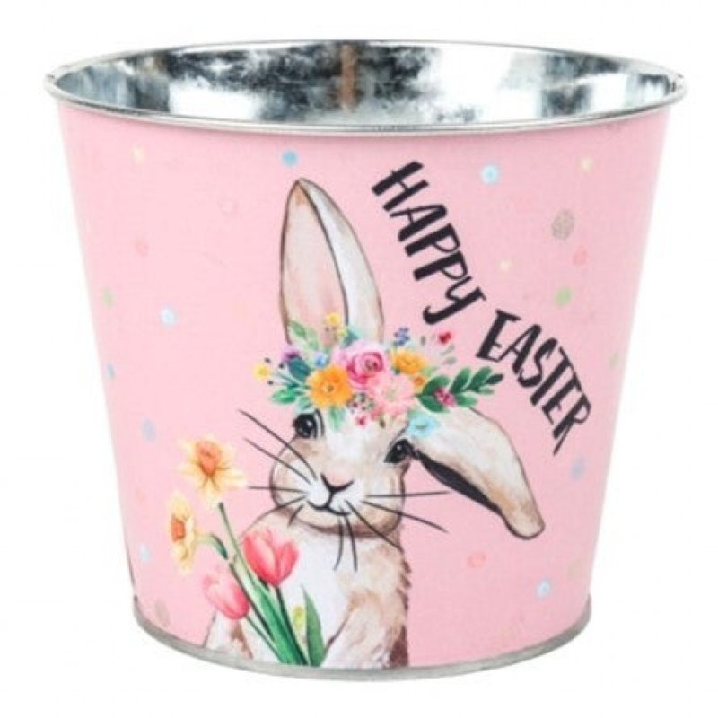 Joyeuses Pâques avec un lapin tenant un seau à fleurs