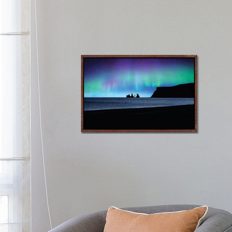 Vik Under Lights by Philippe Sainte-Laudy - Print on Canvas, 66.04 cm H x 45.72 cm W, Classic Brown Wood Framed