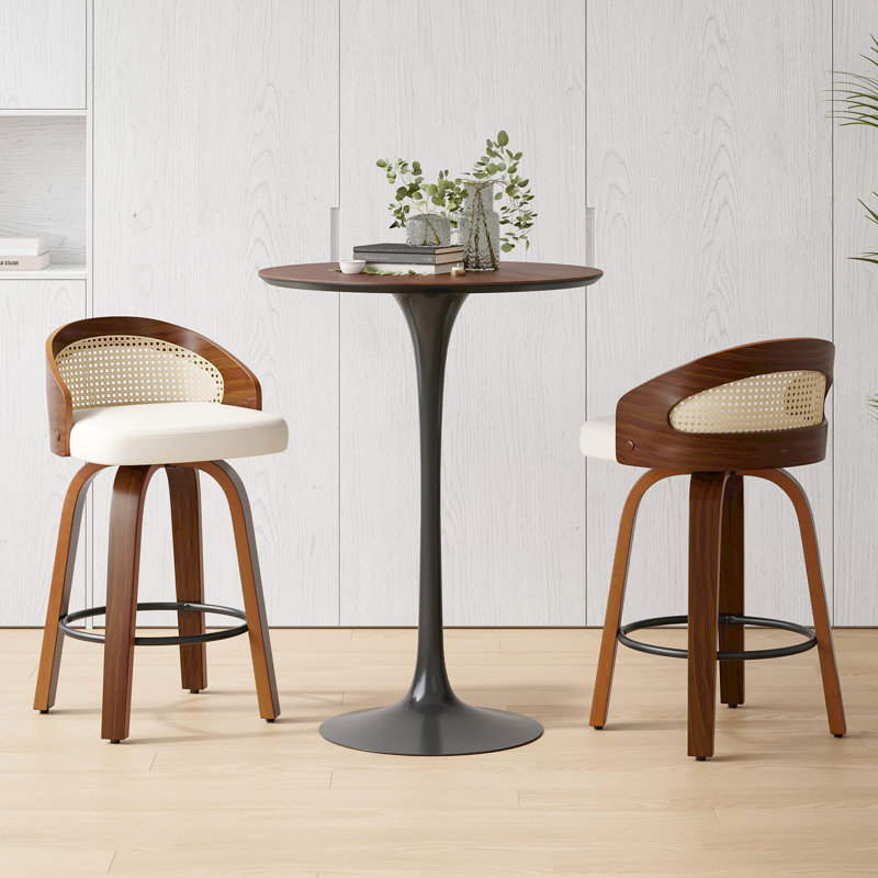 Swivel Faux Leather Cushion Rattan Back Counter & Bar Stools, Beige, Counter Stool (26" Seat Height)