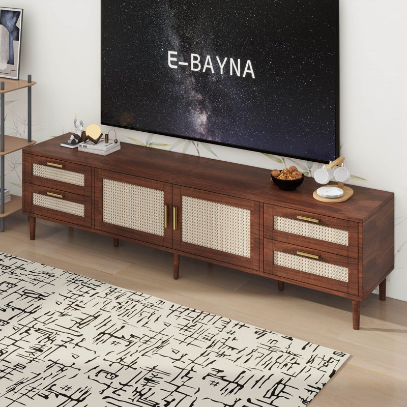 Meuble télé, console multimédia avec 4 tiroirs, pieds en bois massif
