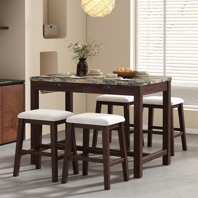 Ensemble de table de salle à manger 5 pièces pour 4 personnes, table de cuisine moderne à hauteur de comptoir et chaises, ensemble de 4 avec tiroirs de rangement, table de salle à manger en marbre avec 4 chaises rembourrées pour petits espaces