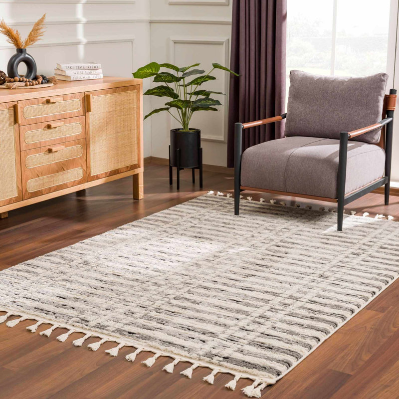 Janiaha Striped Machine Woven Polypropylene Area Rug in Gray, Rectangle 5'3" x 7'