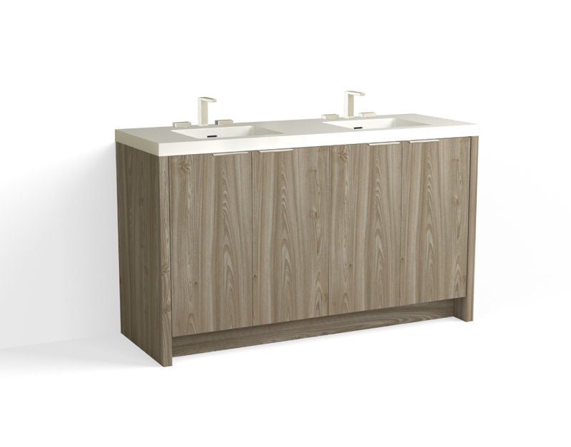 Mesa 60" W Freestanding Double Bathroom Vanity , White Gloss, Biondo/Matte Black, 8" Widespread
