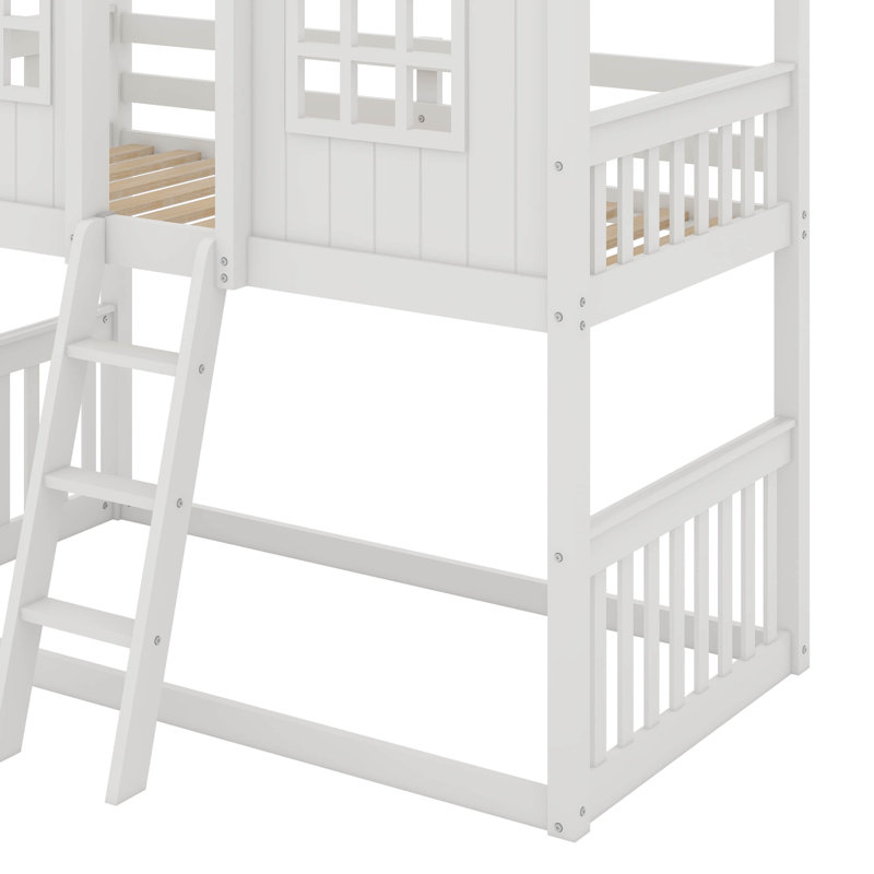 Twin Over Twin House Bunk Bed With Ladder, White