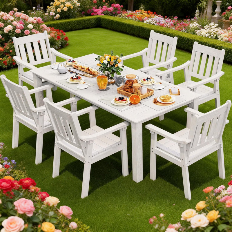 All Weather Outdoor Table and Chairs 7 Pieces Patio Dining Sets Outside Furniture With Umbrella Hole& Aluminum Frame HIPS Modern Patio Dining Set for 6 Person for Outside Backyard/Porch/Deck, 1-Tables 6-Chairs