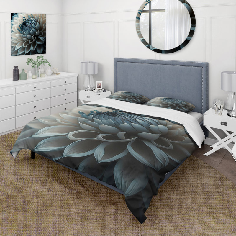Ensemble de 6 édredons floraux - Ensemble de literie bleu et blanc Dahlia Flowers II, Queen Comforter + 3 Additional Pieces