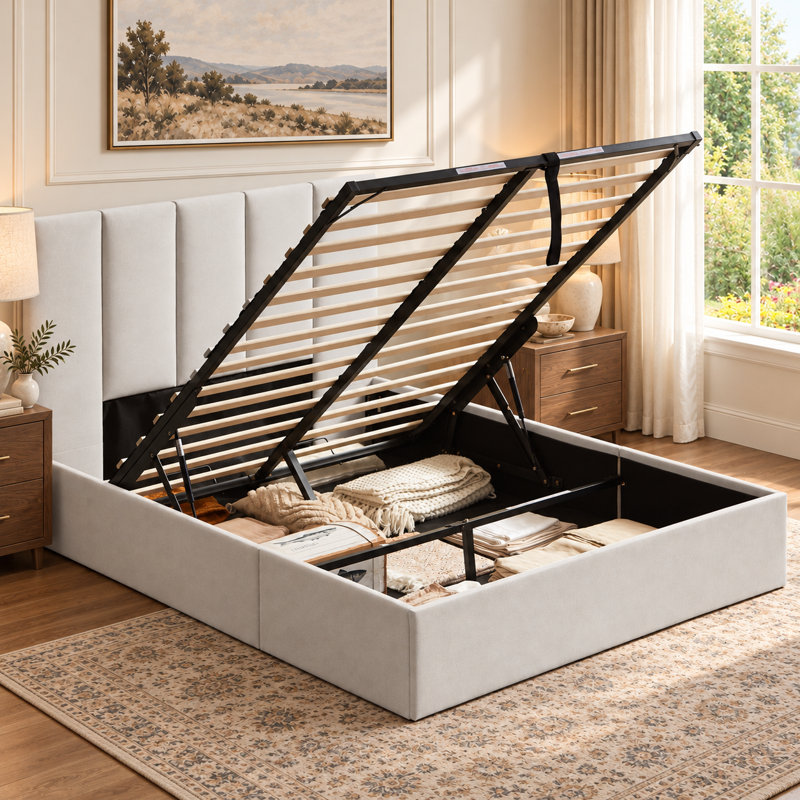Lit plateforme tapissier hydraulique avec rangement Coletti, Lit double, Lin gris pâle
