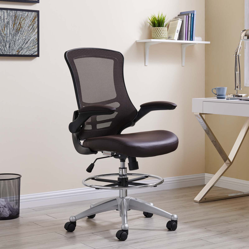 Modway Attainment Vinyl Drafting Chair - Drafting Stool With Flip-Up Arm, Brown