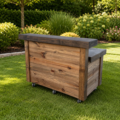 5' X 30" Outdoor Wooden Bar Counter With Rustic Finish And Rolling Base